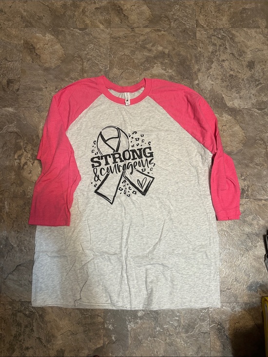 Next Level Apparel Tops - Next Level Apparel Gray Raglan Tee with Pink Sleeves - "Strong & Courageous"
